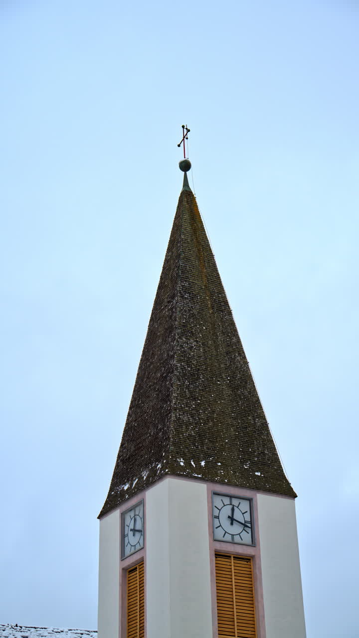 View of the Church of Corvara in Badia in South Tyrol, Dolomites, in northern Italy. Vertical