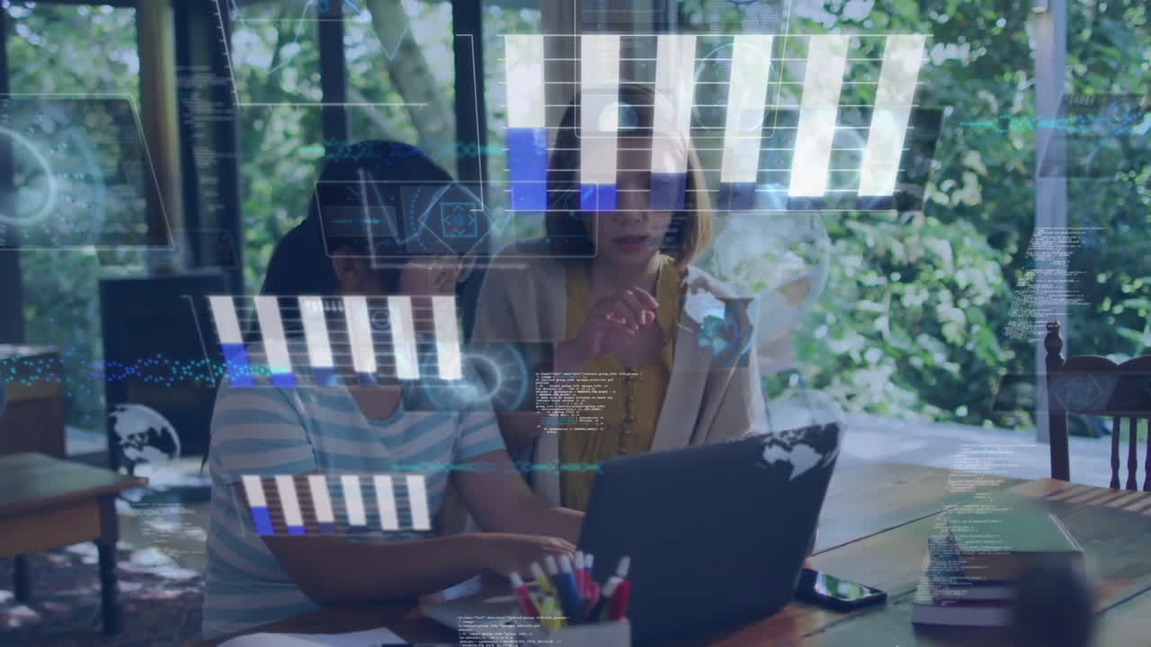 Animation of data over asian mother and daughter doing school work using laptop at home