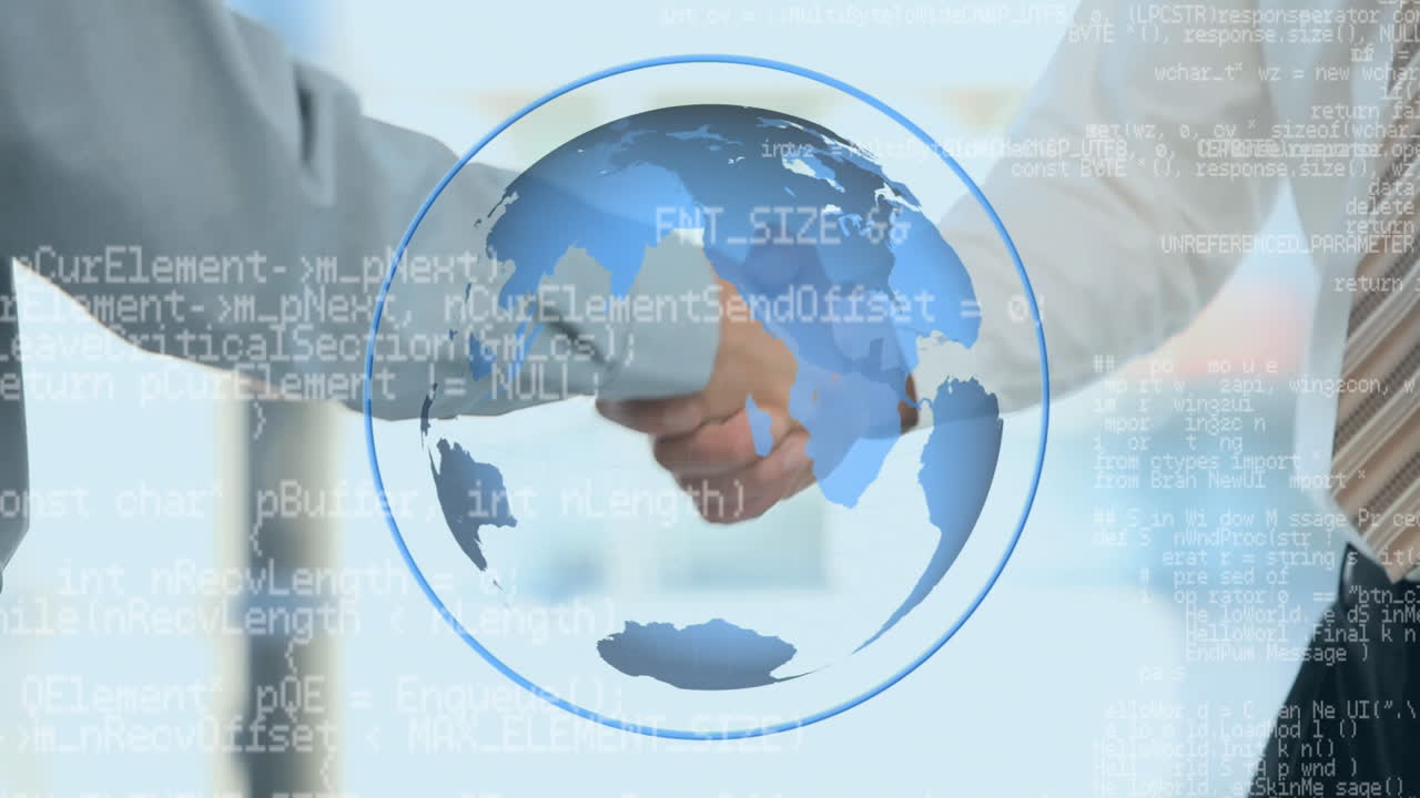 앞면 에 회전 하는 지구 를 가지고 손을 흔들고 있는 사업가 들