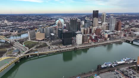 high aerial reveal of pittsburgh, pa skyline