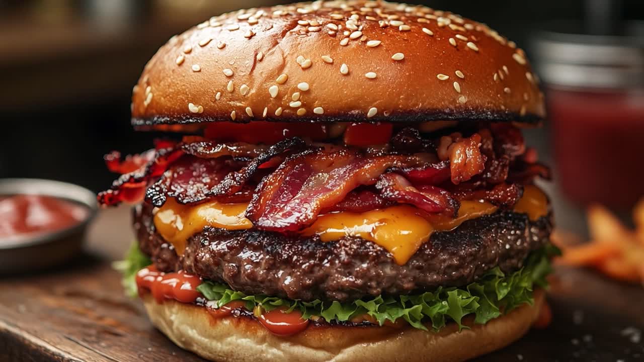 Delicious burger with bacon and cheese