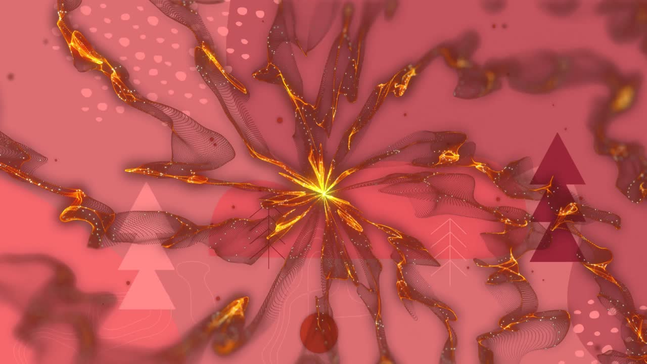 오렌지색 배경에 크리스마스 트리 아이콘과 추상적인 모양 위에 회전하는 디지털 파동