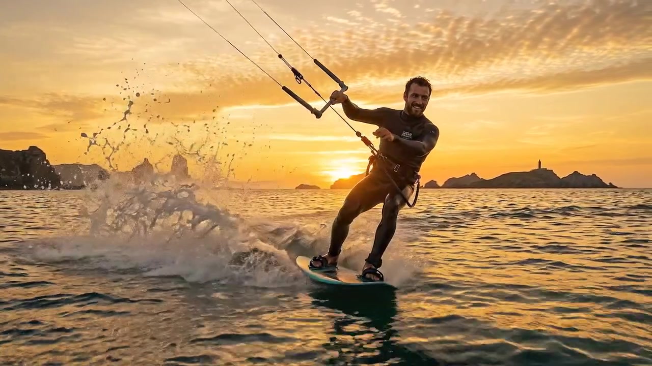 Kitesurfista montando ondas ao pôr-do-sol