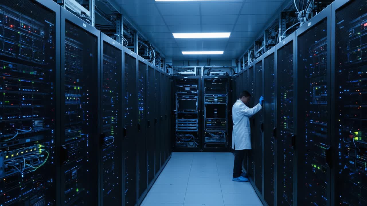 A Data Center Technician Performing Maintenance and Monitoring Tasks in a High-Tech Server Room Filled with Rack-Mounted Servers and Network Equipment