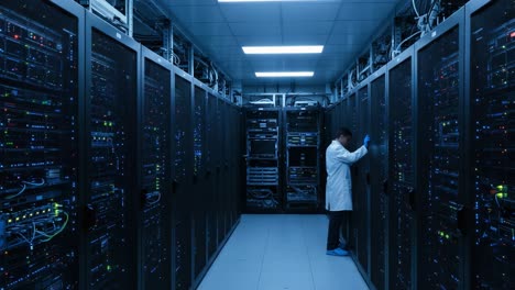 a data center technician performing maintenance and monitoring tasks in a high-tech server room filled with rack-mounted servers and network equipment