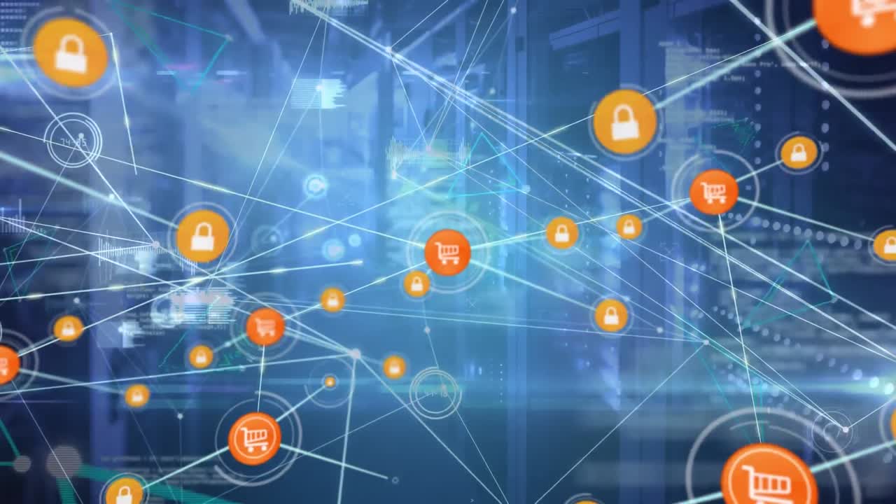 animación de la red de conexiones con iconos sobre servidores