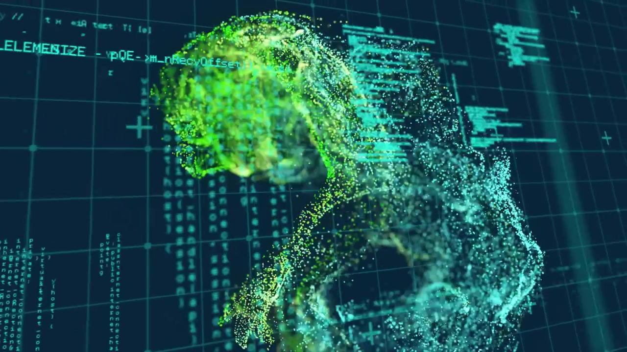 Animation of data processing with glowing light trails