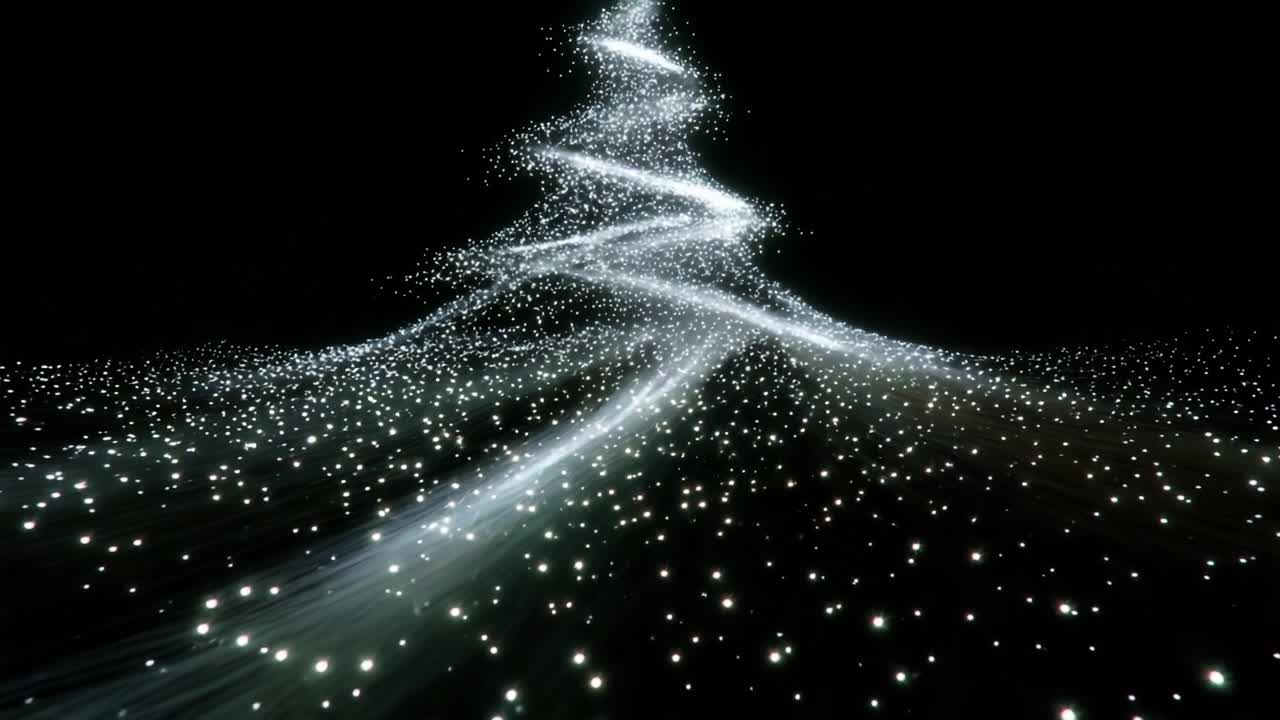 A Beautiful Digital Representation of a Sparkling Christmas Tree Created with Motion Graphics, Featuring a Unique Spiral Shape Illuminated by Twinkling Lights Against a Dark Background