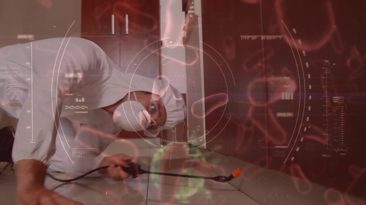 코로나19가 백그라운드에서 보호복과 얼굴 마스크를 착용한 남성에 퍼지고 있습니다.