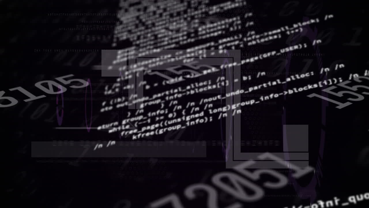 변화하는 숫자의 애니메이션, 검은색 배경에 있는 원과 이진 코드 위의 컴퓨터 언어