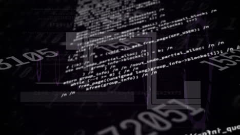 Animation of changing numbers, computer language over circles and binary codes on black background