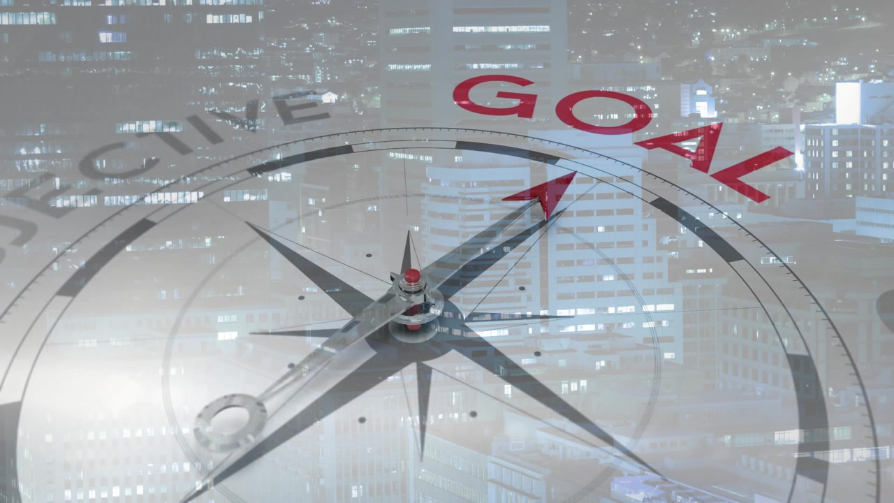 再生時、半透明の都市のスカイライン上をコンパスの針が時計回りに回転し、赤い「GOAL」に向かって整列する