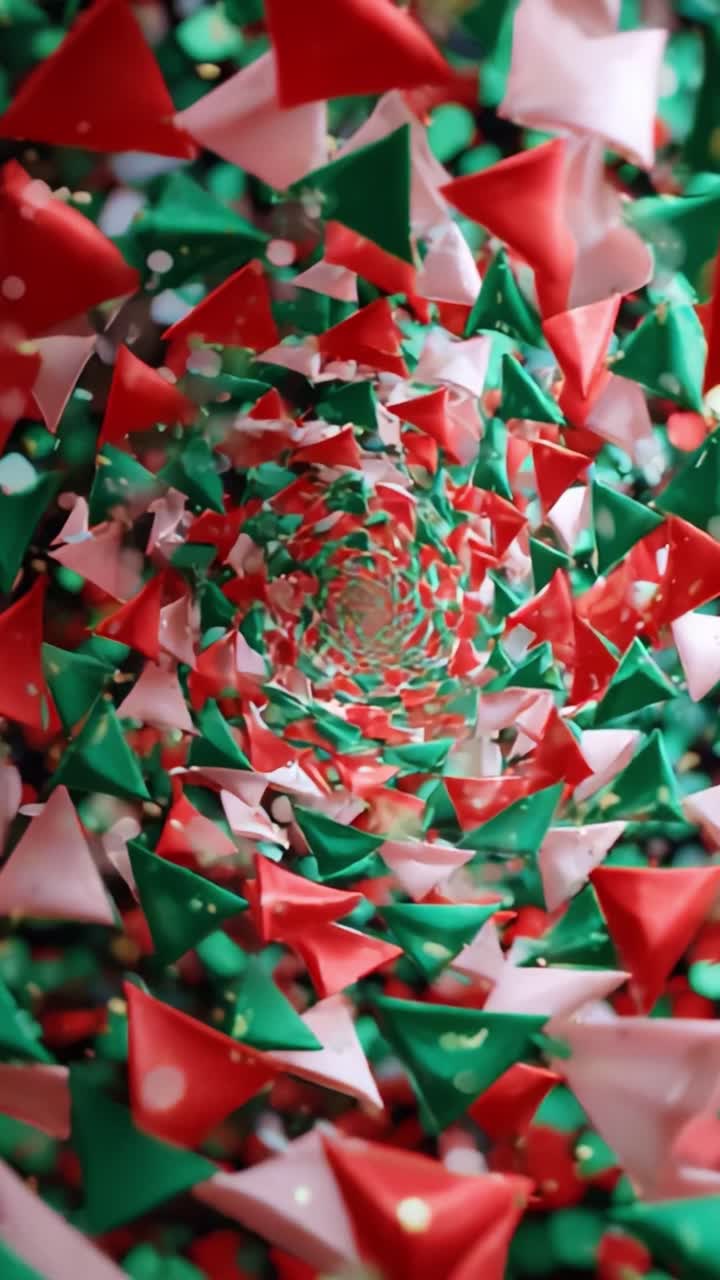 A Spiraling Array of Red, Green, and White Banners Creating a Whimsical Tunnel Effect in Vibrant Colors, Capturing the Essence of Celebratory Ambiance and Festive Decoration