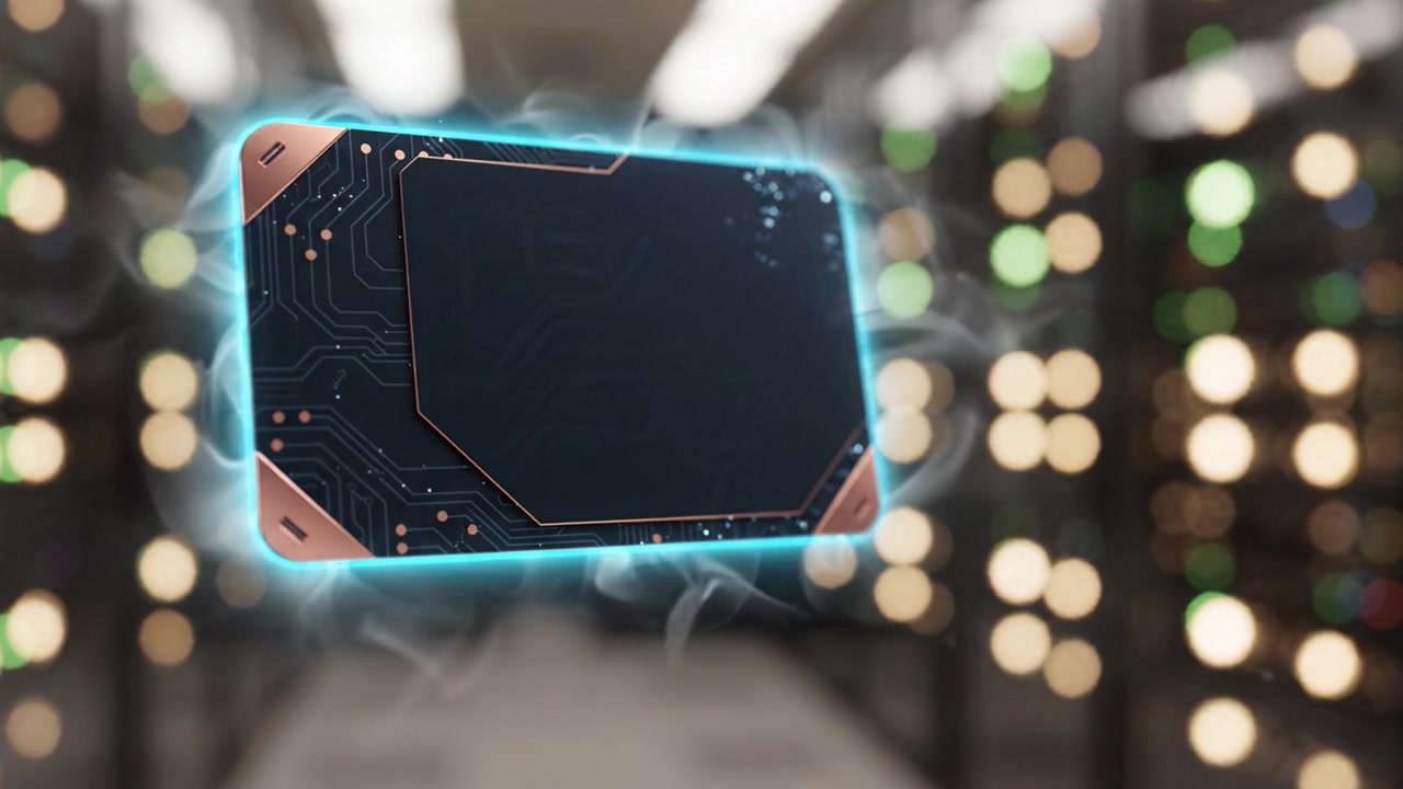 Un dispositivo de almacenamiento digital de alta tecnología exhibido en un entorno de centro de datos futurista, brillando con energía entre filas de servidores y circuitos iluminados.