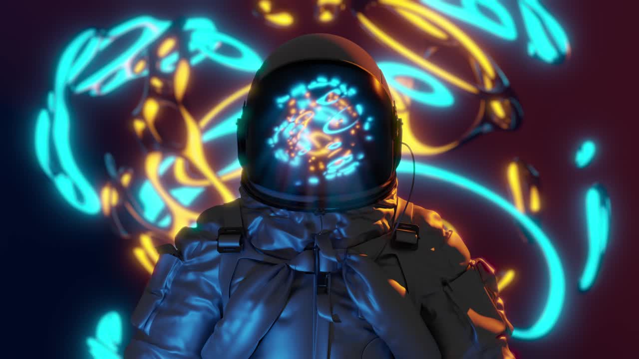 astronauta entre los rayos láser de neón. el fondo de la animación de bucle futurista.