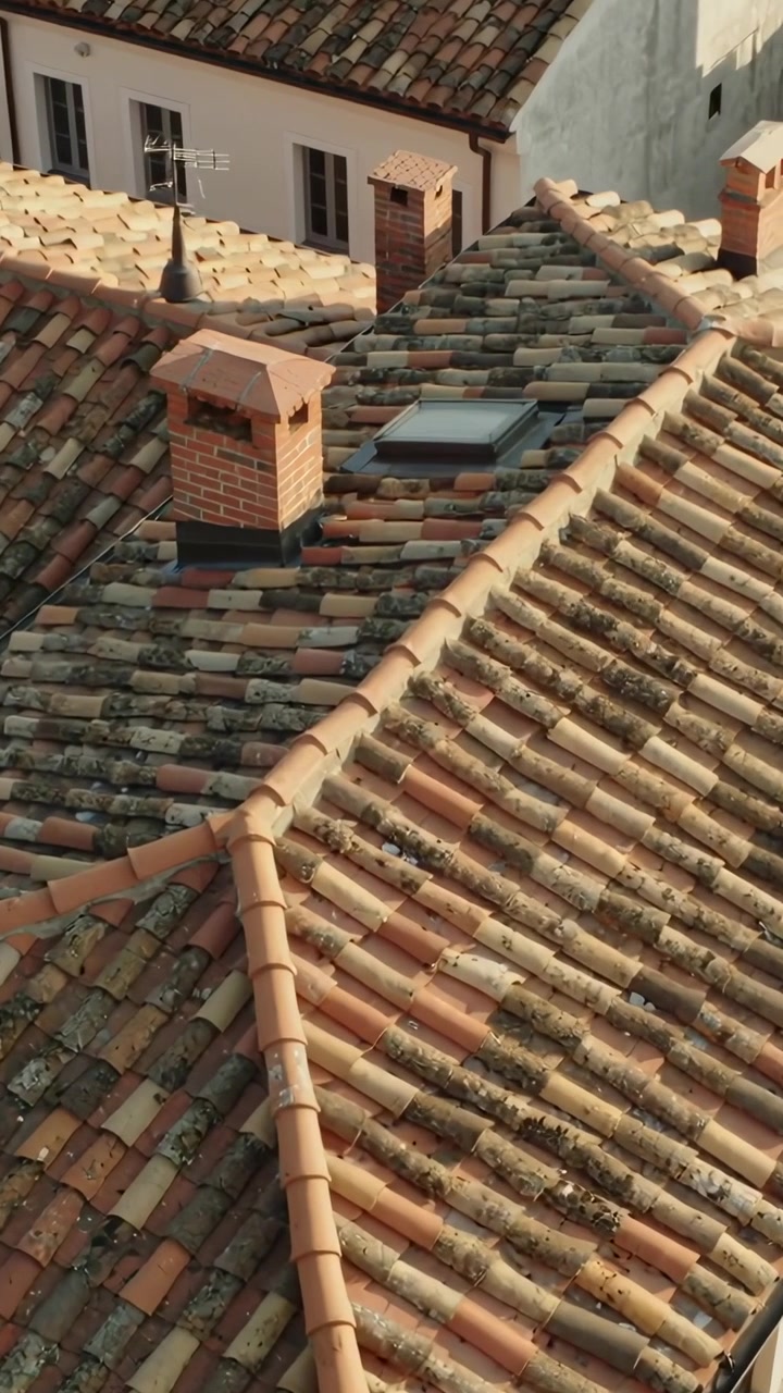 Video verticale: Telecamera in movimento che rivela un colmo di tegole in argilla sopra i tetti della città, mostrando muschio e camini
