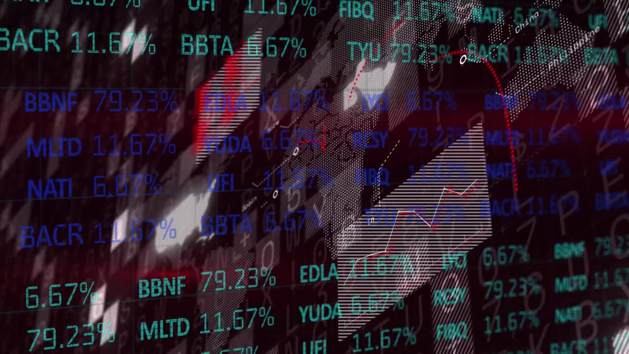 Animation of stock market data processing over world map against black background