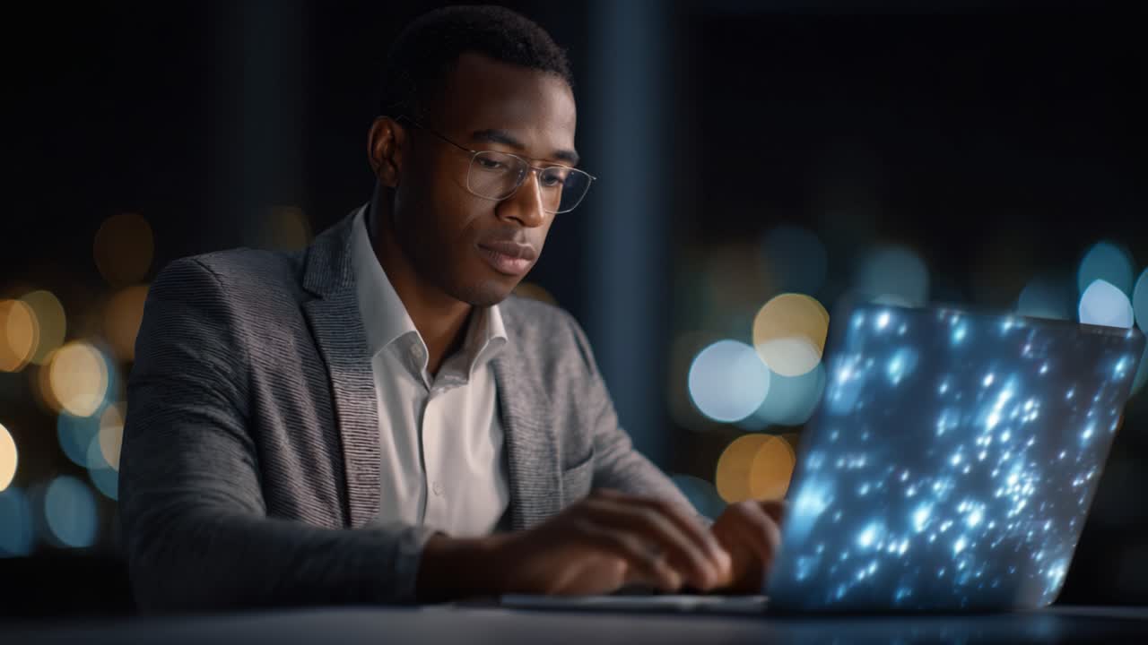 A focused individual working late at night on a laptop, illuminated by vibrant lights and a sparkling screen that showcases creativity and concentration in the digital realm