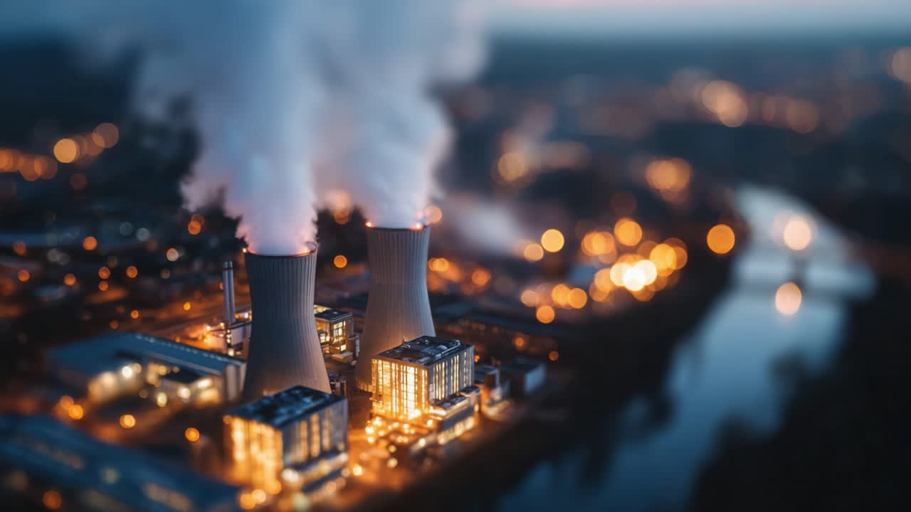 Suggestiva vista serale di torri di raffreddamento di una centrale elettrica che emettono vapore con le luci della città che si riflettono nell'acqua vicina, mettendo in mostra la produzione di energia industriale