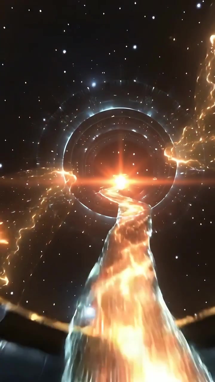 Video vertical: Núcleo naranja brillante que enciende un portal en forma de anillo, emitiendo un río de luz fundida hacia el espacio.