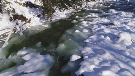 Tiro-De-Drone-Ascendente-Del-Río-De-Invierno-Helado-Y-Que-Fluye