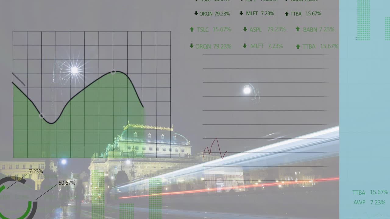 도시 풍경 위의 금융 데이터 처리 애니메이션