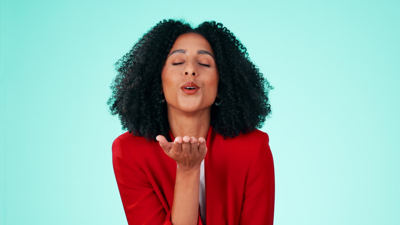 Face, black woman and blowing kiss on background