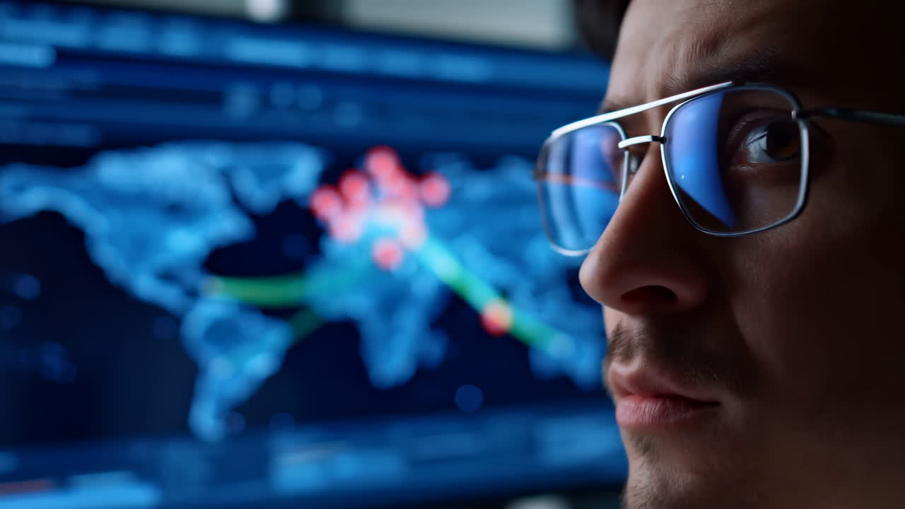 Man Analyzing Global Network Data on Computer Monitor