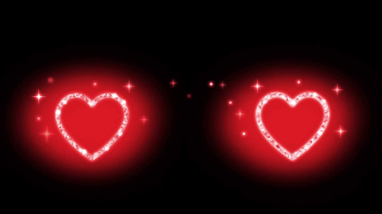 애니메이션 빨간색 심장 모양이 검은색 배경에 떠다니고 있습니다.