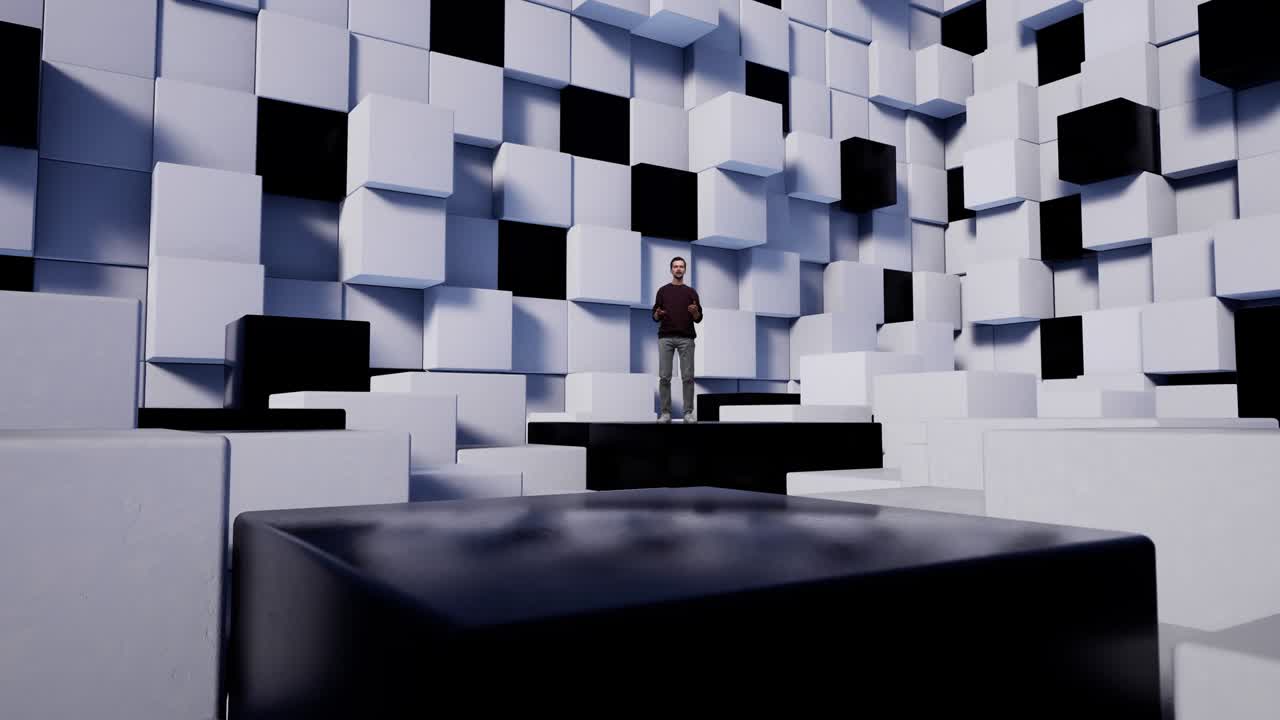 presentador de televisión en el estudio virtual de noticias con cubos blancos y negros.