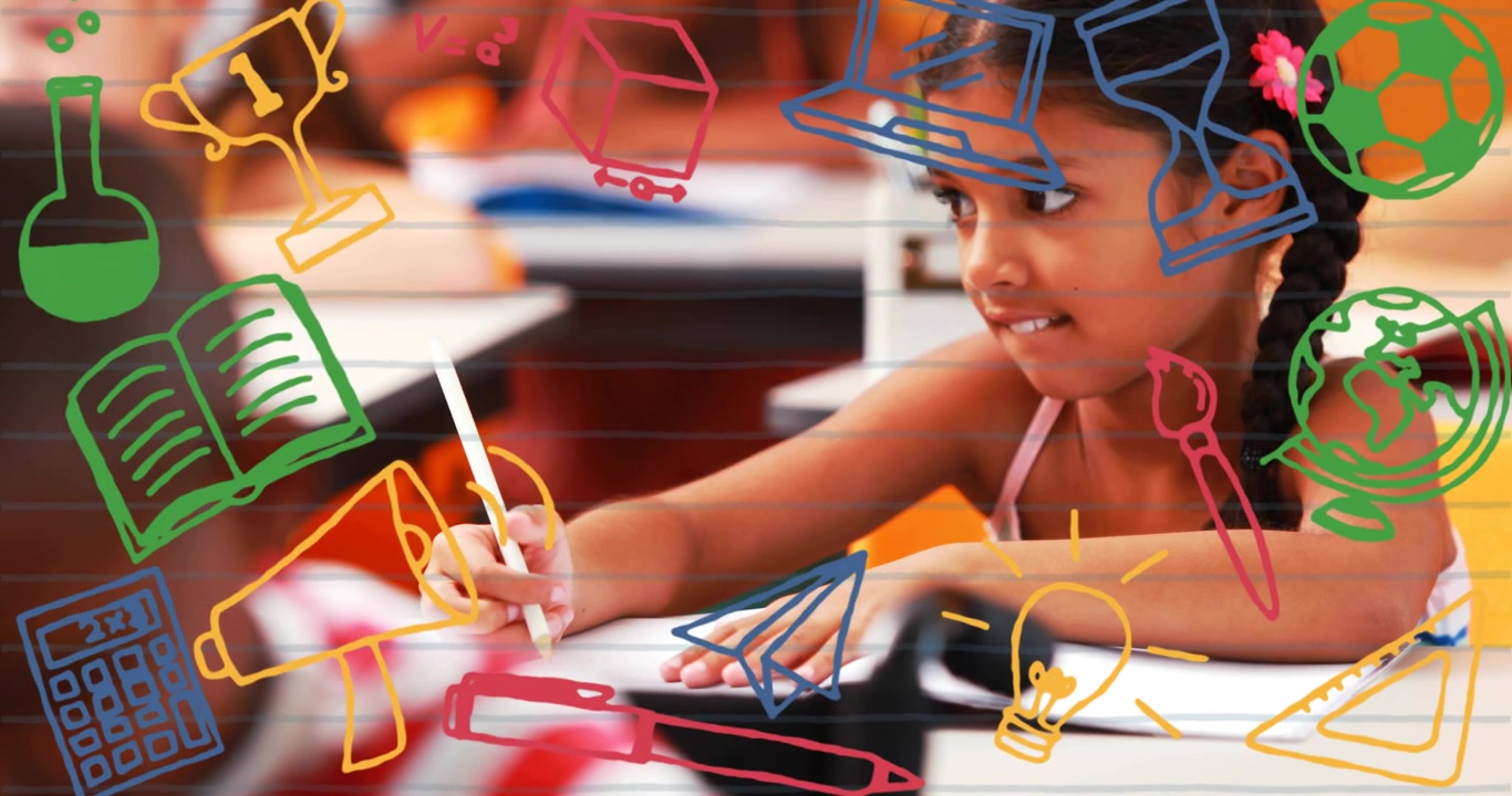 Vertical video: Pencil tapping paper, girl writing at school desk in tank for class with icons