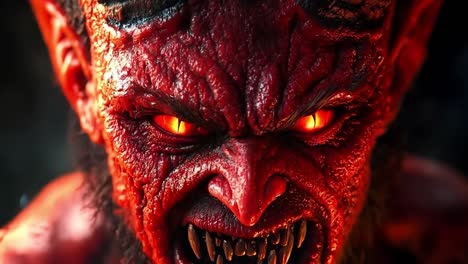 a close up of a demonic face with red eyes and horns