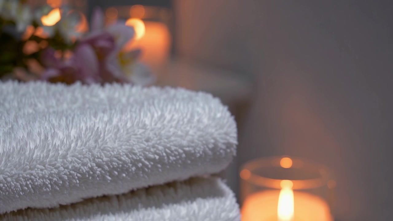 Stabel af hvide håndklæder med stearinlys og blomster i et spa