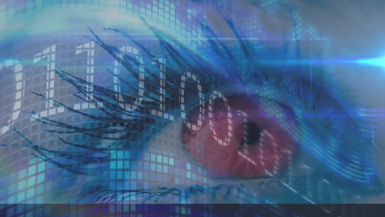 Animation of binary coding data processing over woman&amp;#039;s eye in background