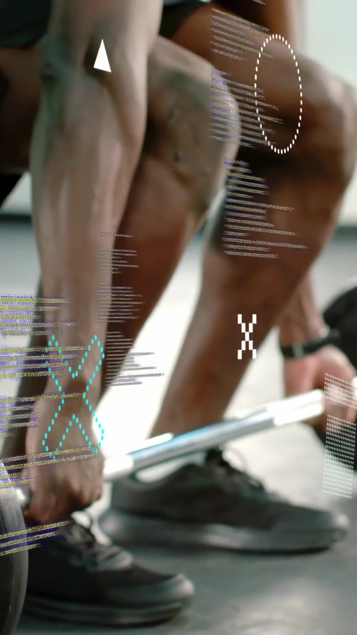 Vertical video: Two men gripping bar and starting deadlift in gym, HUD showing metrics for training