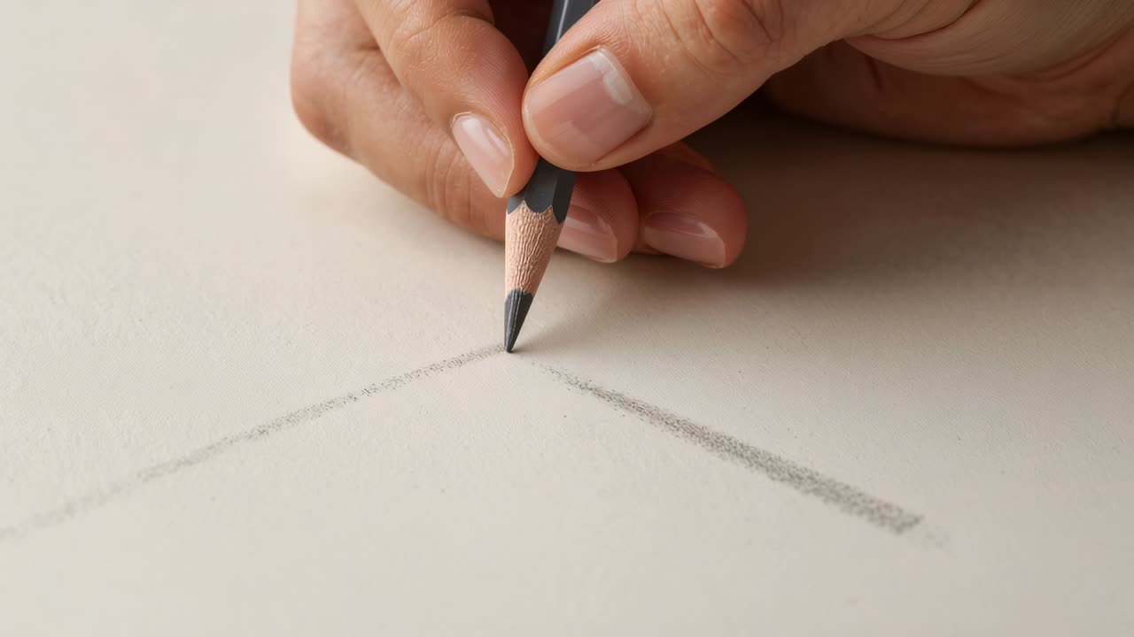 Placing sharp graphite pencil at guide V, right hand drawing line on desk paper, defining corner