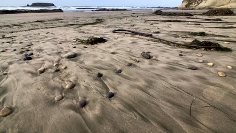 playa de arena en la costa de oregon con rocas de colores