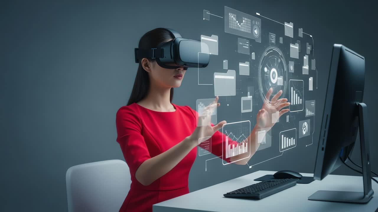A Focused Individual Engaging with Virtual Reality Technology, Manipulating Data Visualizations and Interfaces While Wearing a VR Headset in a Modern Workspace