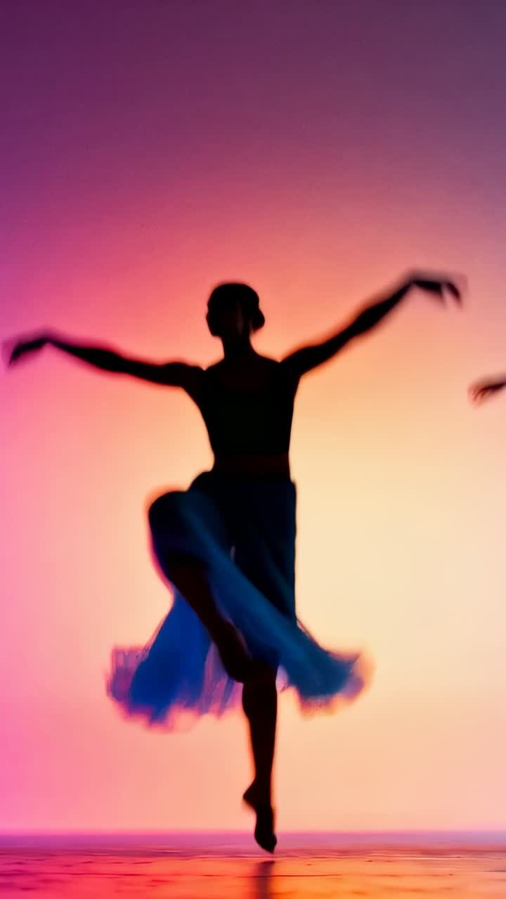 Video verticale: Ballerina che salta esibendosi da sola sul palco dopo il segnale luminoso, girando e atterrando in tutù e scarpette.
