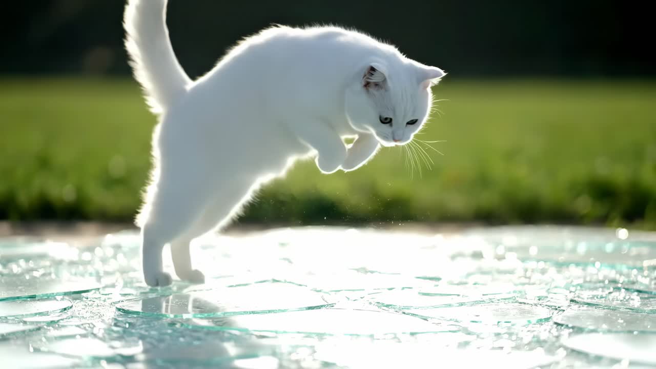 White cat jumping on shattered glass