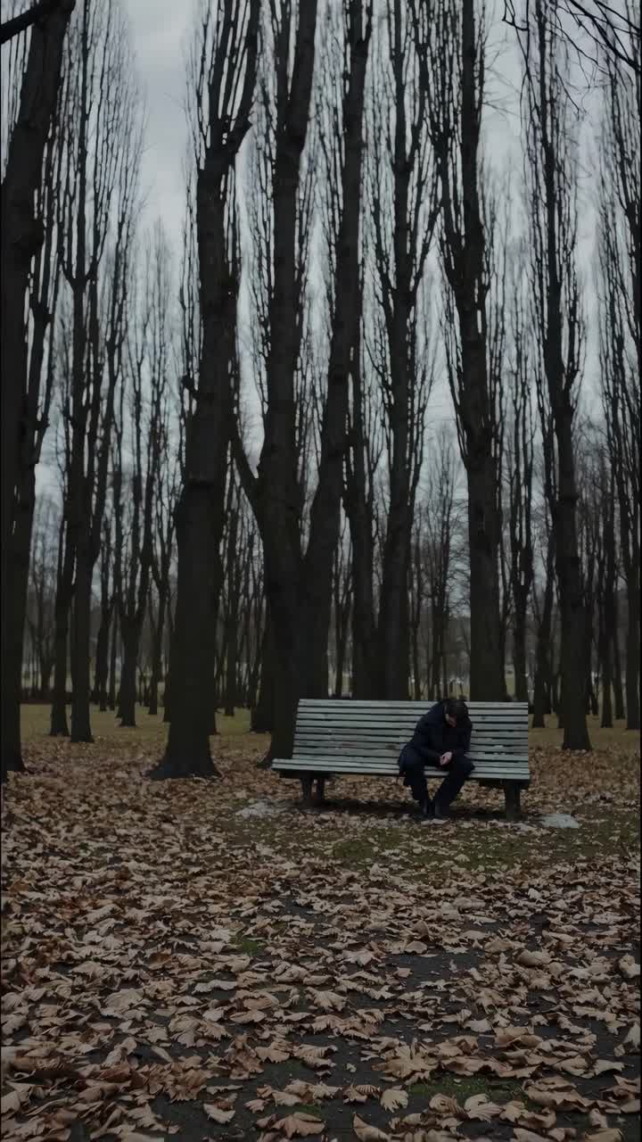 Una scena video suggestiva cattura una figura solitaria su una panchina in un parco cosparso di foglie, incorniciata da alti, spogli