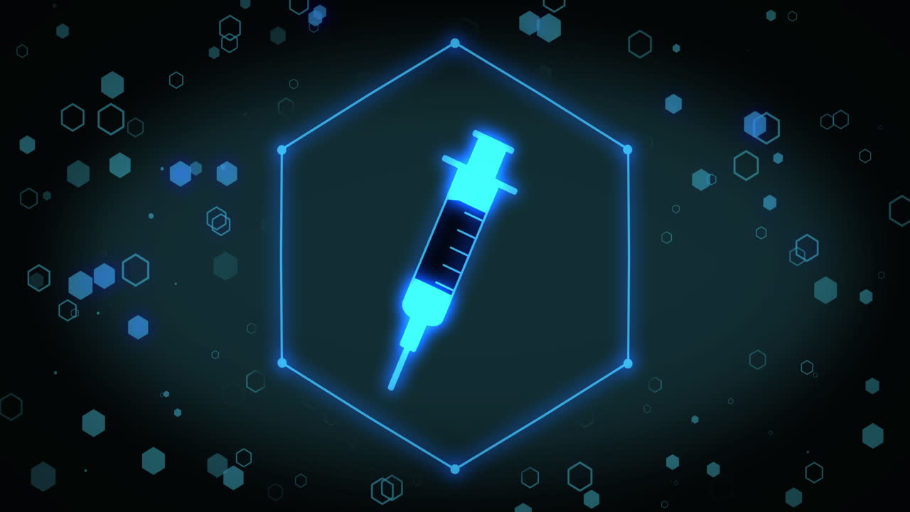 animación del icono de la jeringa sobre hexágonos sobre fondo negro