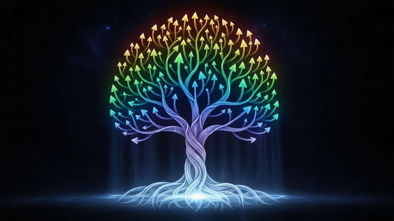 A Stunning Visual Journey Through an Artistic Tree Design, Radiating Energetic Arrows of Growth and Transformation Against a Cosmic Background