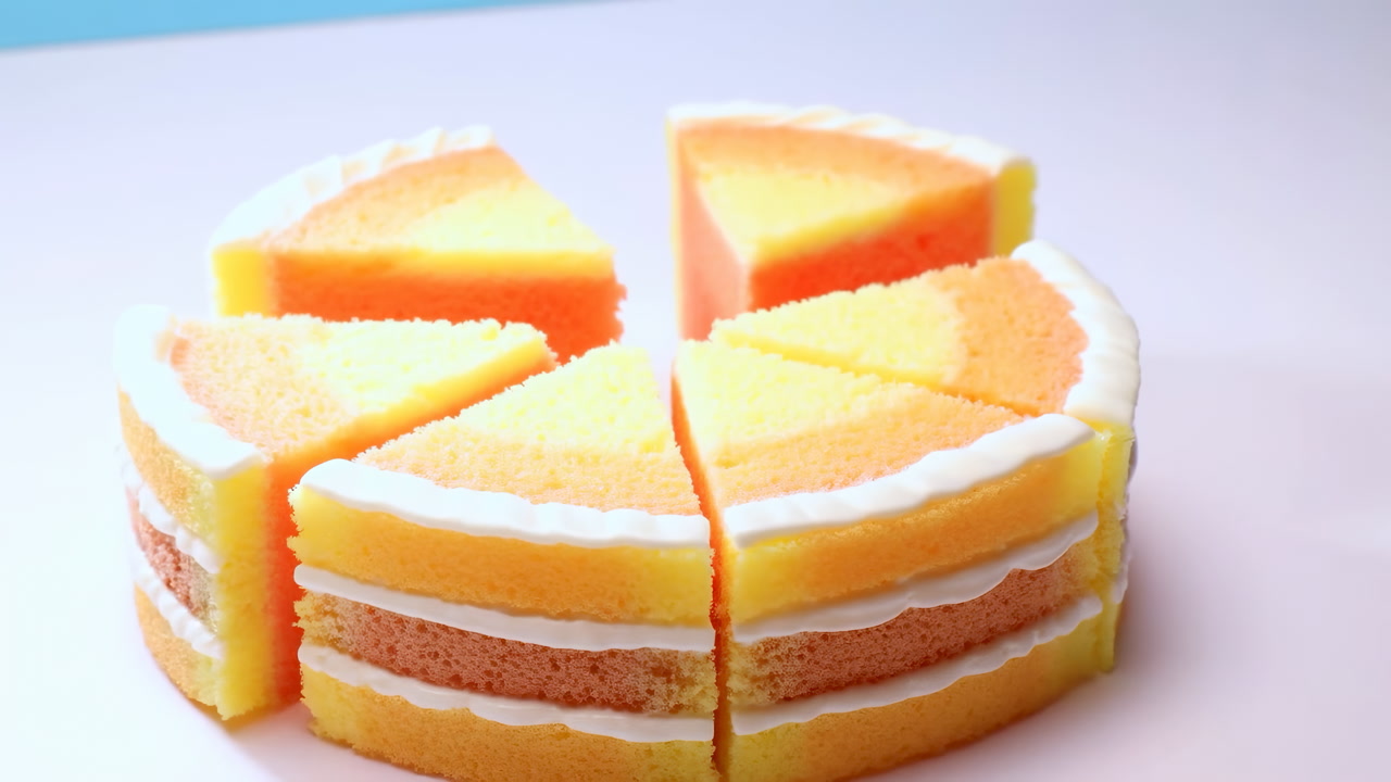Sliced Sponge Cake Pieces On White Background, Minimalist Studio Setup With Pastel Yellow And Orange Layers,