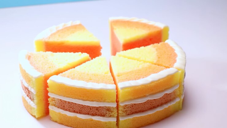 Sliced Sponge Cake Pieces On White Background, Minimalist Studio Setup With Pastel Yellow And Orange Layers,