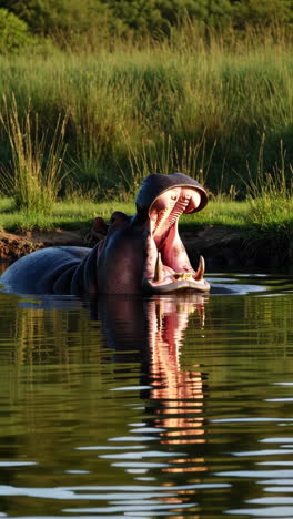 hippo with mouth wide open in water