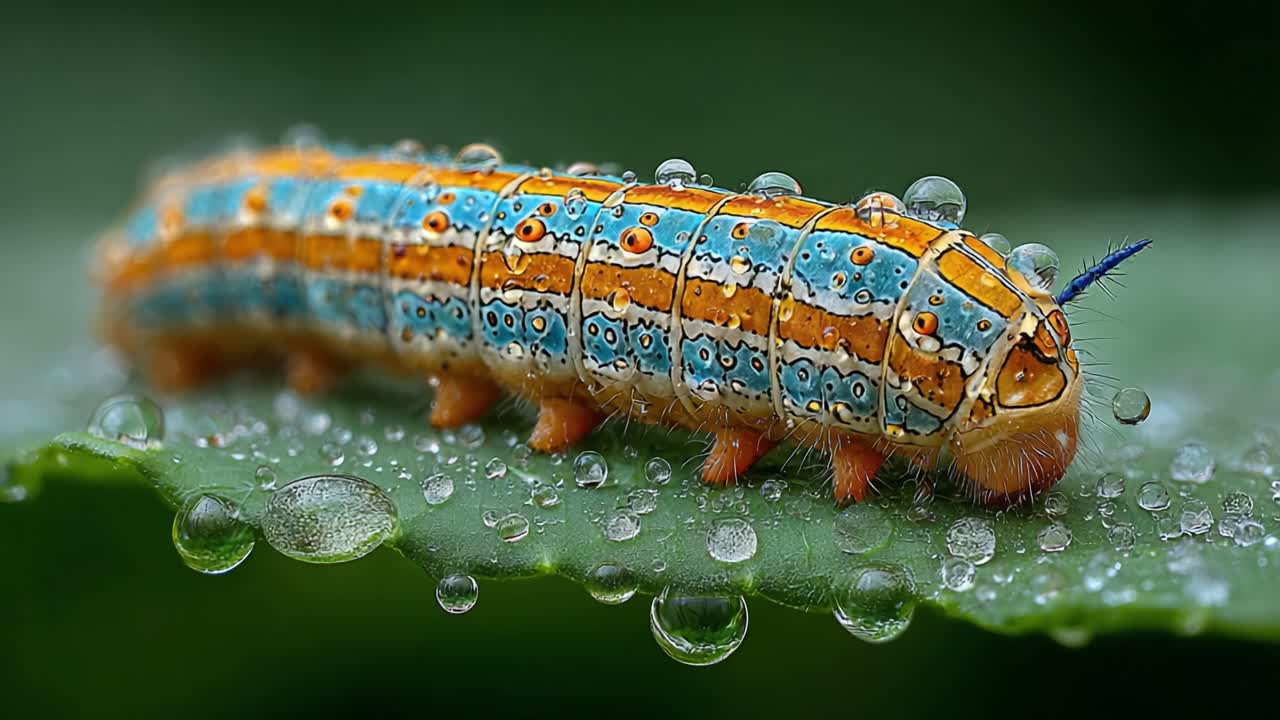 A Colorful Caterpillar Covered in Dew Drops on a Leaf, Showcasing Vibrant Patterns and a Unique Texture, Highlighting the Beauty of Nature's Insects