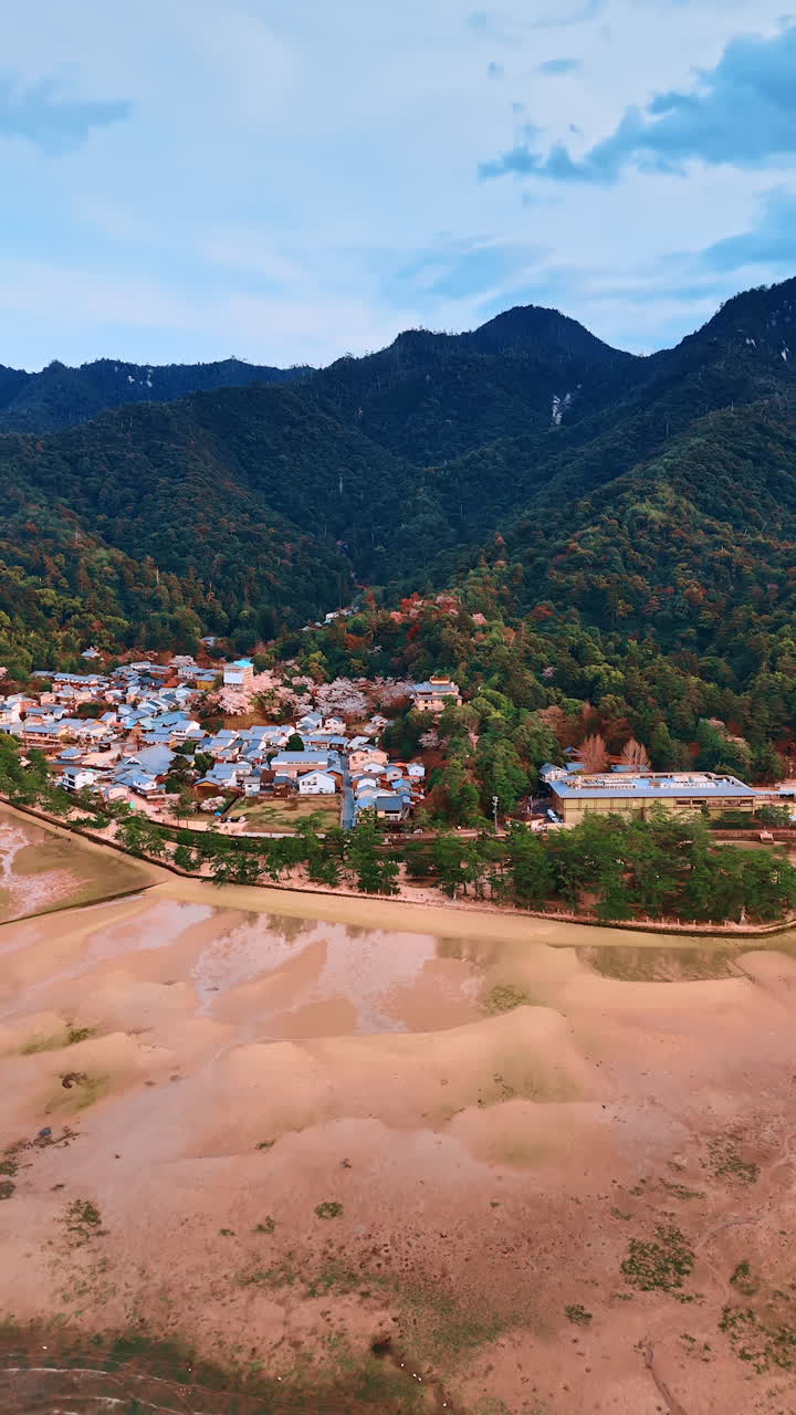 Low tide period at the Itsukushima Shrine, Miyajima, Japan. Aerial perspective on the stunning landscapes with urban area, green mountains and turquoise waterscape. Vertical video.