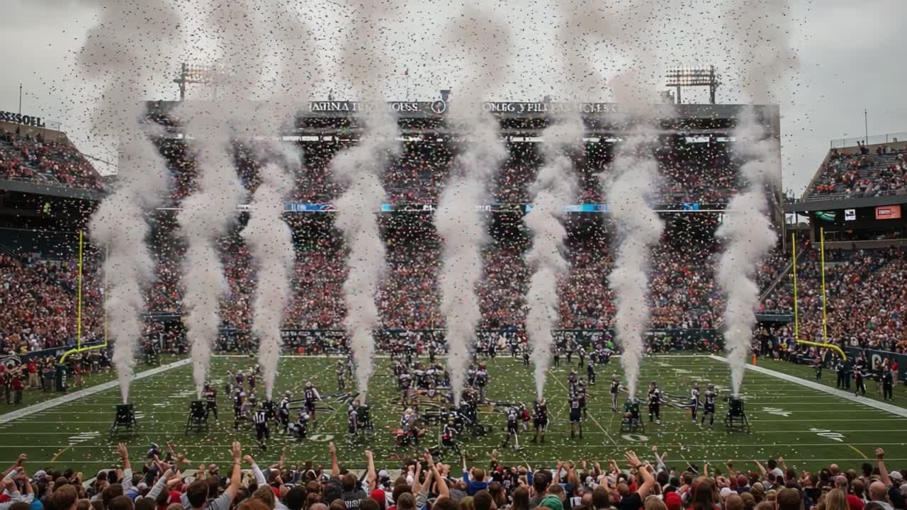 Spectacular Opening Ceremony Featuring Colorful Confetti and Dramatic Smoke Effects at a High-Energy Sports Event Creating an Enthusiastic Atmosphere