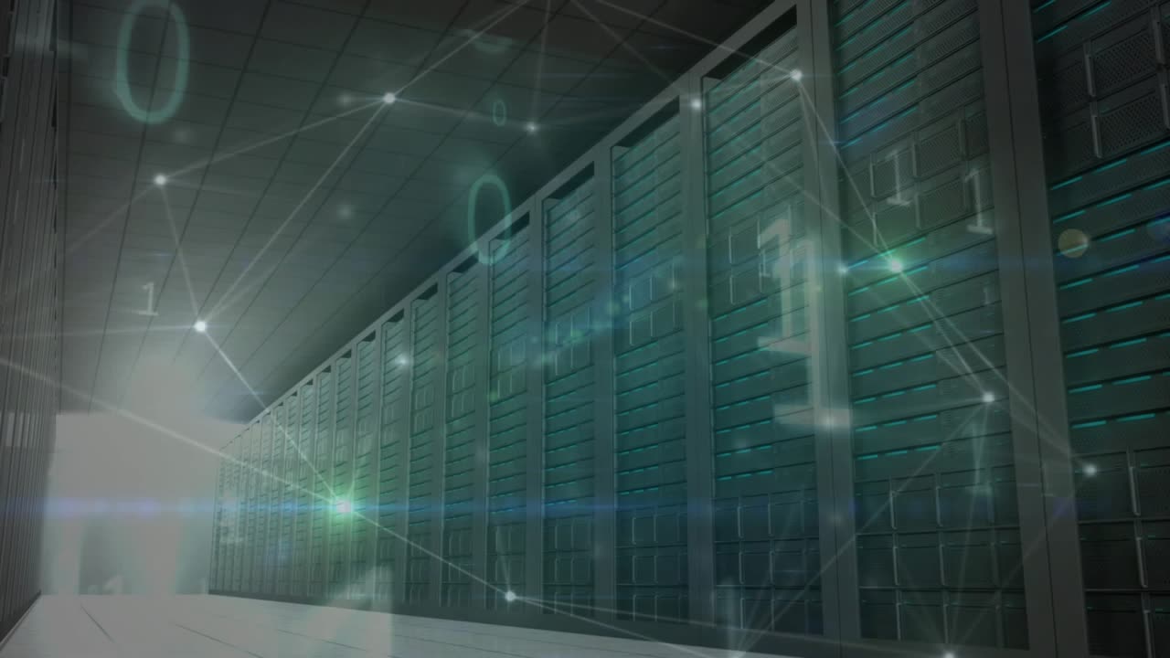 Bright entrance pulse starting binary overlay drifting past server cabinets and showing data flow